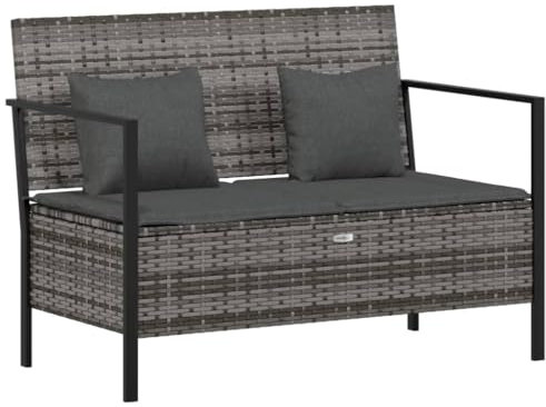 vidaXL Gartenbank, Sitzbank 2-Sitzer mit Kissen, Parkbank mit Stauraum Stahlrahmen, Bank mit Armlehnen Rückenlehne, Grau Poly Rattan