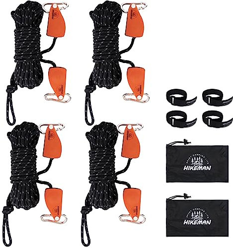 HIKEMAN Tent Guy Ropes with Pulley - 6mm Reflective Cord 10M Tent Guide Rope Portable Adjustable Fix Camping Rope for Outdoor Camping Hiking Awning Tents(10m-Black-4pcs)