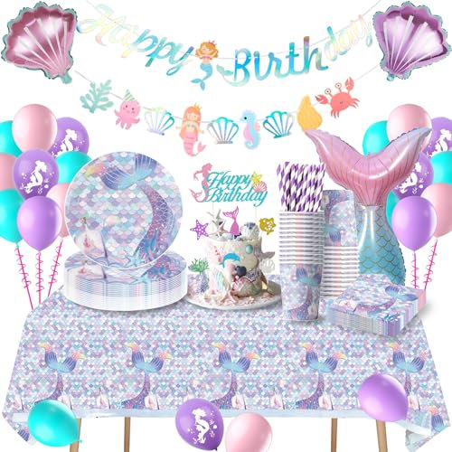 Décoration Anniversaire Sirène, Vaisselle de Fête, Ballons, Bannière pour 16 Invités