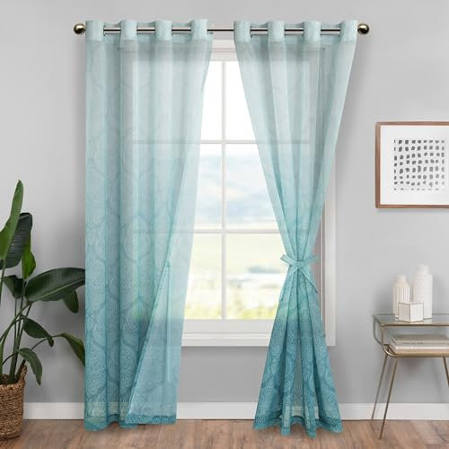 XWZO Gradient Vorhänge mit Ösen Ombre Gardinen Voile Sheer Farbverlauf Vorhang mit Raffhalter 2 er Set für Schlafzimmer und Wohnzimmer 225x140cm (HxB) Seeblau
