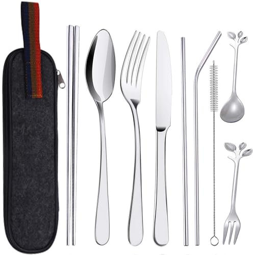 Arawat Outdoor Edelstahl Reisebesteck 10 teilig Campingbesteck Picknick Besteck Silber Besteck Unterwegs Etui Spülmaschinenfes Reisebesteck Wanderbesteck mit Gabel Löffel Essstäbchen