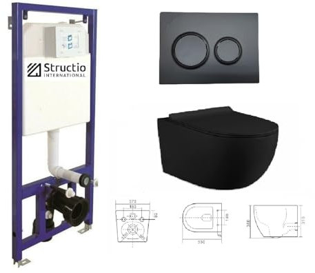 Vorwandelement Unterputz WC Spülrandlos Unterputzspülkasten Spülkästen Wand WC SET WC Sitz Soft Close Vorwandspülkasten Montageelement Hängewand Element+Drückerplatte (Drückerplatte 10 Black+WC1034)