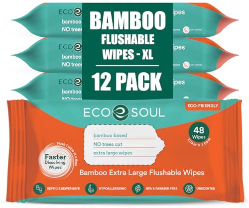 ECO SOUL Bamboo Extra-Large Flushable Toilet Wet Wipes for Adults - Unscented & Alcohol Free | 12 Pack of 48 Wipes Each | Biodegradable | Non-Allergic | Soft Intimate, Body, Bum & Hand Cleansing Wipes