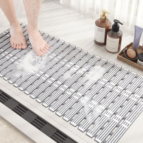 COLOR&GEOMETRY Shower Mat Non Slip Anti Mould 40x68Cm, Shower Mat Cut to Size, Machine Washable Bathroom Mat With Strong Suction Cups Non Slip Bath Mats for Inside Bath, Walk-In Bathroom - Grey White