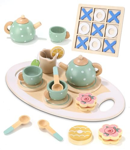15 Pièces Service à Thé en Bois pour Enfants, Dinette Enfant Accessoire Jouets en Bois, Jeu de Simulation pour Filles, Service a The Enfant, Anniversaire Cadeau pour Enfants Filles Garçons 3 4 5 Ans