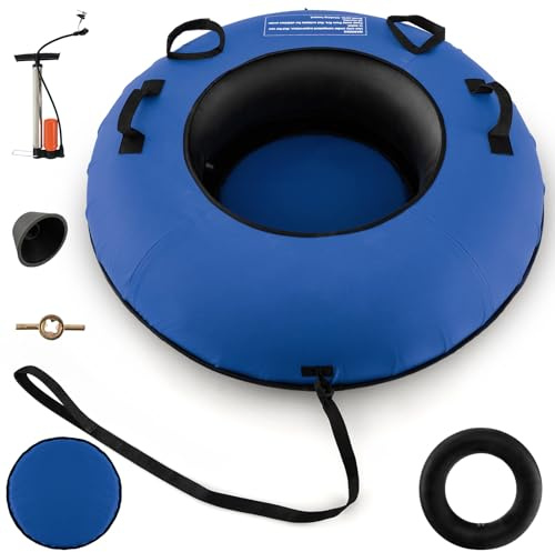COSTWAY Luge Bouée Gonflable de 100 cm, Traîneau à Neige Robuste en Caoutchouc avec Fond Durable Sangle de Remorquage Siège Rembourré Pompe de Gonflage, pour Enfants Adultes (Bleu)