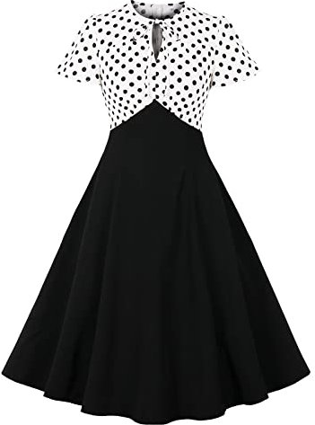 Wellwits Damenkleid mit Schlüssellochausschnitt, Schleife, Kragen, 1940er-Jahre-Kleid, Weiße Punkte, 50-52