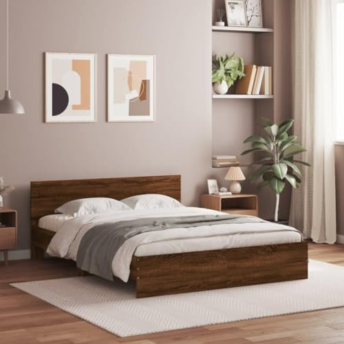 vidaXL Brown Oak Bed Frame with Headboard - Engineered Wood Double Bedstead for Bedroom - 140x200 cm Mattress Base - Sturdy Plywood Slats