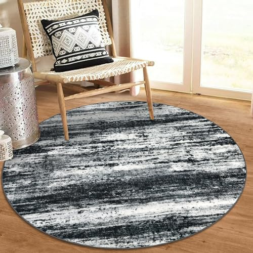 KOZYFLY Moderner abstrakter runder Teppich, waschbar, Küchenteppich, rutschfest, weich, klein, Badezimmerteppich, schwarz, marineblau, grau, gestreift, Eingangsteppich, Kunstwolle, Fußmatte für