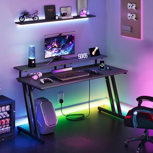 Dripex Gaming Table, 120 x 48 cm, Z-shaped Gaming Desk with Power Outlet, 2 Sockets, 2 USB and Monitor Stand, Black Carbon Fibre Surface Gaming Desk with Mouse Pad, Ergonomic Computer Desk