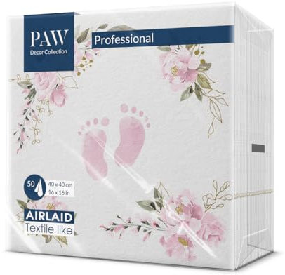 PAW - Serviette de Table Papier - Airlaid (40 x 40 cm) I 50 Pièces I Parfait pour la Communion, la Confirmation, le Baptême I Serviettes en Tissu de Décoration de Table I Pieds de Bébé Rose Clair