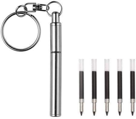 yotutun Mini Schlüsselanhänger Stift mit 6 Ersatzminen, Edelstahl Teleskop Kugelschreiber Leichte Metall Einziehbare Füllfederhalter Hosentasche Schlüsselbund Kugelschreiber