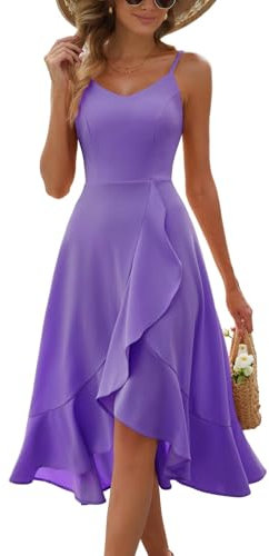 DRESSTELLS Cocktailkleid Damen Festlich Träger Hochtief Kleider Lila für Hochzeit Knielang Rüschensaum Sommerkleid Boho Elegantes Partykleid Lavender L
