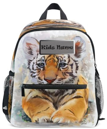 HMZXZ Benutzerdefinierter Kinder-Mini-Rucksack für Mädchen und Jungen, niedlicher Tiger-Gemälde, personalisierte Kinderrucksäcke, Tier-Tiger-Schultasche mit Kindername/Text, multi