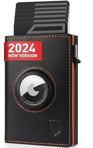 DODENSHA Mens AirTag Wallet, RFID Blocking Leather Smart Pop Up Card Wallet for Men with Coin Pocket, Aluminum Credit Card Holder with ID Window, Magnetic Closure
