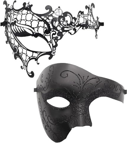 Oidea Black Masquerade Mask Couples Set: Vintage Metal Cosplay Venetian Party One Eyed Half Face Mask for Couples Women and Men