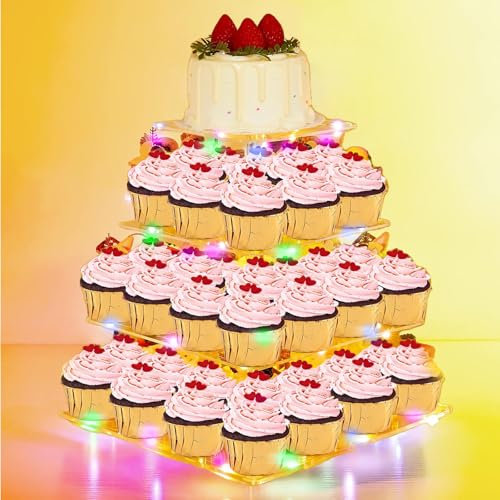 4 Tier Cupcake Stand Acrylic Square Cupcake Tower Display with LED Light Cupcake Holder Dessert Tower Pastry Stand Cupcake Display Stand for Wedding Birthday Baby Shower Party(Colorful)