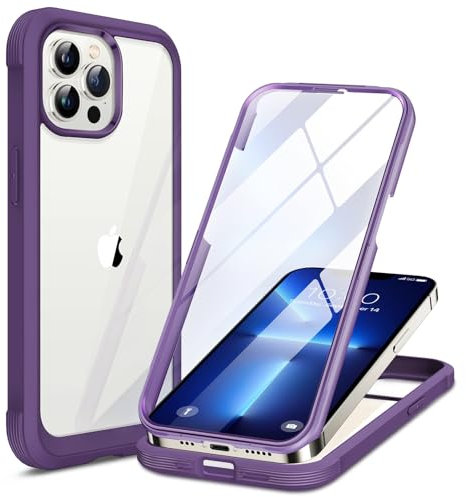 Miracase GLASS Case Compatible with iPhone 13 Pro Max Case 6.7 inch, [Glass Screen Protector] Full Body Rubber Bumper Case Cover (Purple)