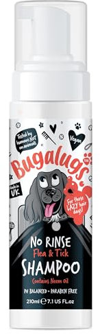 Flea and Tick Dog Shampoo by Bugalugs, Works on Smelly Puppies & Dogs, Contains Neem Oil PH Balanced Vegan Used by Professional Groom (No Rinse Shampoo 210ml)