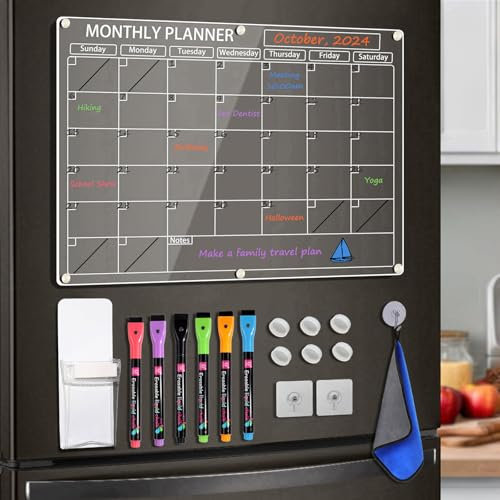 LISSCHANN Acrylic Magnetic Calendar for Fridge, 16 x 12 Clear Monthly Planner Dry Erase Board for Refrigerator, W/ 6 Chalk Markers, Pen Holder, Adhesive Wall Screws and Towel