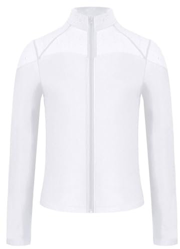 TiaoBug Mädchen Glitzer Sweatjacke mit Reisverschluss Mesh Patchwork Stehkragen Freizeitjacke Trainingsjacke Gymnastik Turn Eiskunstlauf Jacket Outerwear Weiß 170