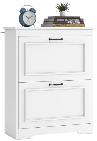 Brinlawb Schuhschrank Weiss Schuhkipper mit 2 Klappen, Schuhkommode Schuhregal mit Trennwände verstellbar und abnehmbar, für 8-12 Paar Schuhe, Schuhschrank Holz für den Eingang, Flur, Wohnzimmer Weiß