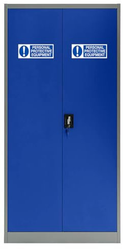 The WORKPLACE Depot Metal Lockable Cabinet, Office Garage Utility Room, Cleaning Storage Broom Cupboard (Blue + PPE Sticker)