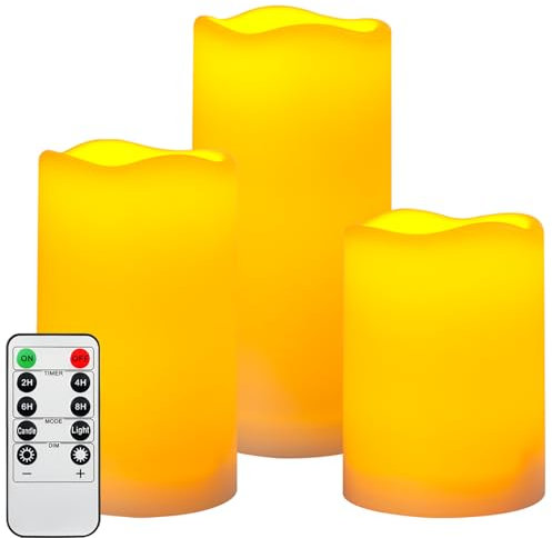 Da by Velas sin llama que funcionan con pilas, velas LED impermeables para exteriores, velas falsas de plástico con temporizadores remotos, juego de 3 (marfil)