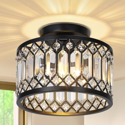 SERBASIC Crystal Ceiling Lights Living Room Chandeliers with Dimmable Bulb,3 Color Changing Black Ceiling Light Fixture with E27 Base for Hallway,Kitchen,Dining Room,Bedroom