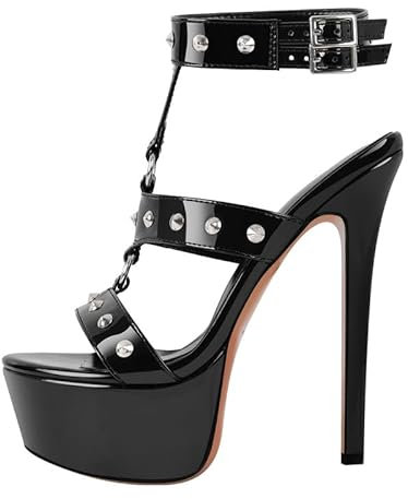 blingqueen Damen Punk Sandaletten Plateau Stiletto Sandalen High Heels Riemchensandalen mit Nieten Metallic Lack Schwarz 38 EU