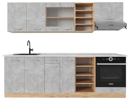 Vicco Küchenzeile R-Line, Küchenblock, Beton/Goldkraft Eiche, 240 cm, AP Marmor