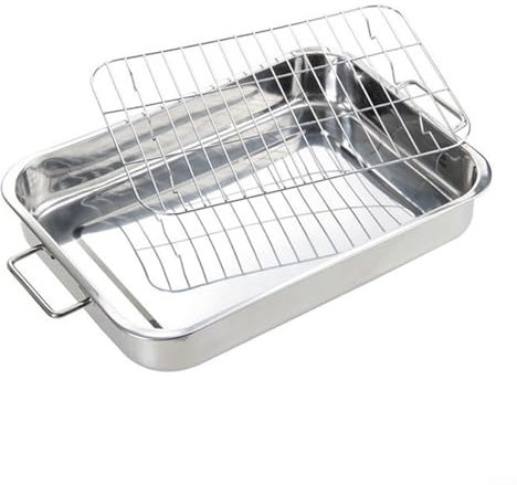 Asador para hornear de acero inoxidable con bandeja profunda y rejilla para parrilla, fácil de usar en la cocina (33 x 23 x 5 cm)