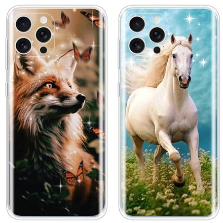 EuoDuo 2 Stück Kompatibel mit iPhone 6 / iPhone 6S Hülle Tiere Muster Handyhülle Silikon Case Schutzhülle Weich TPU Dünn Handysocken Telefono Mädchen Frauen Männer - Fuchs Pferd