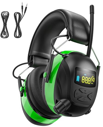 Kalence AM FM Radio Headphones with Color Digital Display, 2000mAh Rechargeable Hearing Protection, 30dB Safety Earmuffs Ear Protection for Mowing, Work - Green