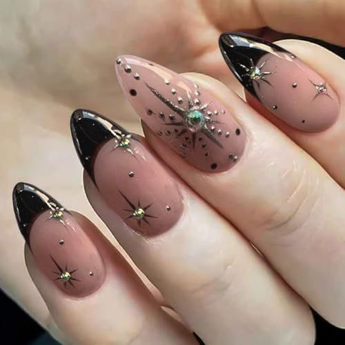 Almond Press on Nails - 12 Sizes for Perfect Fit, Durable Acrylic False Nails with Diamond Stars Design, Easy to Apply Stick on Nails for Women, Includes Jelly Tool