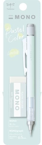 Tombow MONO graph et gomme MONO Vert menthe. Porte-mine 0,5mm de précision, pointe de 4mm, mécanisme d'agitation, tube en laiton stable, rechargeable, gomme incluse. Gomme MONO. [SH-MG64-PE04A]