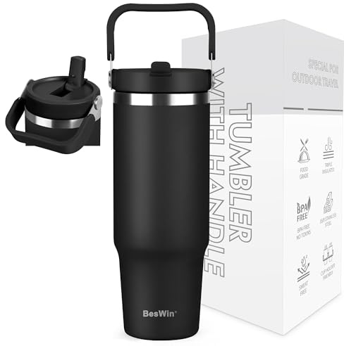 BesWin Thermobecher 30oz Edelstahl Trinkflasche mit Strohhalm - 0.89 Liter Trinkbecher mit Henkel auslaufsicher - Flip Straw Tumbler - Doppelwandige Vakuumisolierung - Hält 10+ Stunden Kalt - Schwarz