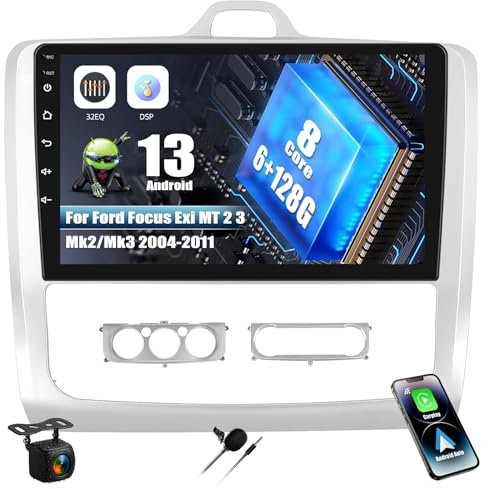 SIXWIN 8-Core 6+128G Android 13 Autoradio mit Carplay/Android Auto/DSP für Ford Focus Exi MT 2 3 Mk2/Mk3,9'' Touchscreen,mit GPS WiFi Bluetooth USB FM RDS Radio MirrorLink 32EQ+Rückfahrkamera