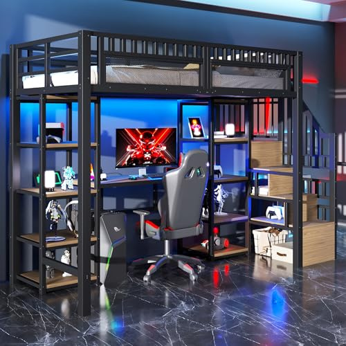 Cayipng Letto a soppalco 90x200 cm con USB,LED,letto a castello salvaspazio con scrivania,Scala contenitore,ripiani portaoggetti,Letto gaming metallico bambini/adolescenti/adulti,Senza materasso,Nero