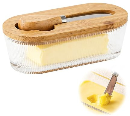 Glass Butter Dish with Wooden Lid, Oval Butter Keeper with Spreader