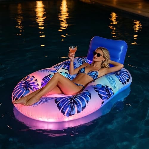 badaren Materassino Gonfiabile LED da Piscina, Galleggiante Luminoso con Schienale, Anello Gonfiabile per Adulti, Materassino mare Gonfiabile