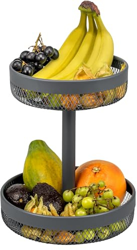 eluno 2-stöckige runde Obstetagere/ Brotkorb, Körbe mit einem Ø von 20 cm und 25 cm, Obstkorb für die Lagerung von Obst, Gemüse, Brot, Gewürzen und Snacks in Küche und Wohnzimmer, aus Metall (Grau)