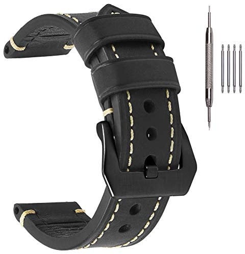 EACHE Schwarz Uhrenarmband für Männer Classic 22mm Crazy Horse Uhrenarmband Armbänder Leder Schwarz Gebürstete Stahl Schnalle