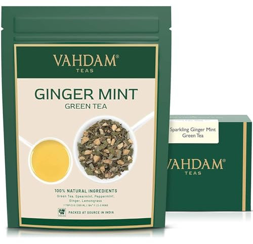 VAHDAM, Hojas Sueltas De Té Verde Menta De Jengibre (50 Tazas) Mezcla De Té De Jengibre Y Té De Menta | Preparar Como Té Caliente O Té Helado | 100gr