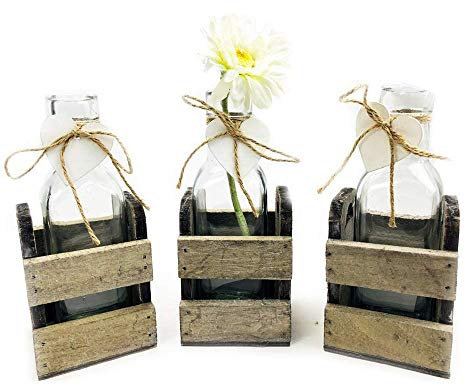 3er Set Glasflaschen mit Herzanhänger im Holz Tablett - Vase, Tischdekoration, kleine Glasvasen, Landhausdeko, Gastro