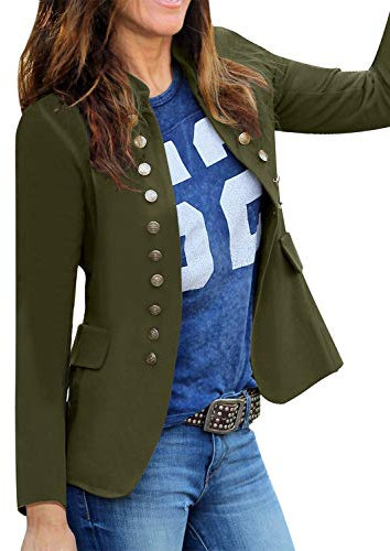 Roskiky - Giacca casual da donna, a tinta unita, aperta sul davanti, colletto alla coreana, con bottoni, giacca da ufficio, Verde militare, XXL