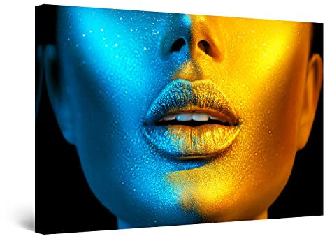 Startonight Bilder Modefrau Blaues Gold - Leinwandbilder Moderne Kunst - Abstrakte Wanddeko Kunstdrucke, Wandbilder XXL Wohnzimmer Groß Wand Bild 80 x 120 cm, Tag Nacht Effekt, Elegante Geschenkidee