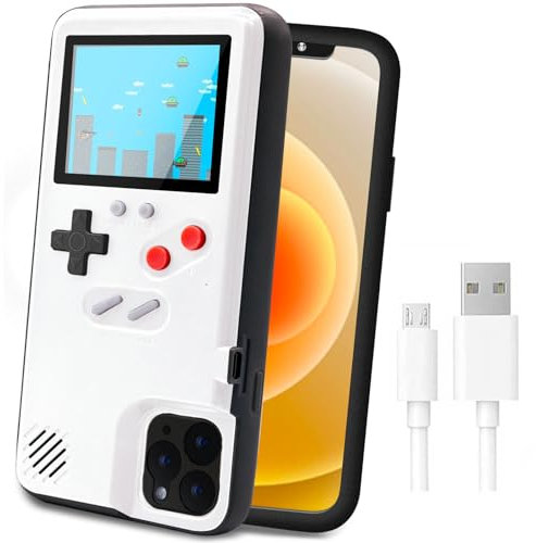 LucBuy Game Console Case for iPhone, Retro Protective Cover Self-powered Case with 36 Small Game,Full Color Display,Shockproof Video Game Case for iPhone 12 Mini - White