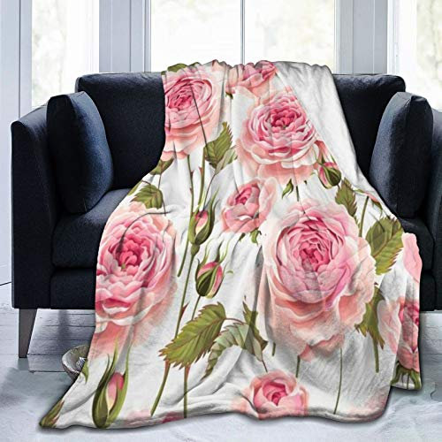 LISNIANY Flanell Fleece Soft Throw Decke,Alte rosa Blumengrußknospe englische Rosen Rosenmuster Natur Vintage antiker Garten weiße Blume,für Sofas Sofa Stühle Couch Leicht,warm und gemütlich 204x153cm