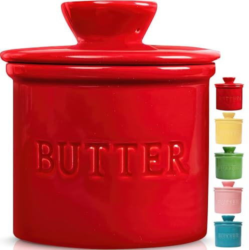 PriorityChef Buttertopf mit Deckel, auf Anfrage, streichbare Butter, französischer Butterbehälter zum Verlassen auf der Theke mit Wasserlinie, französische Butterdose aus Keramik, Rot